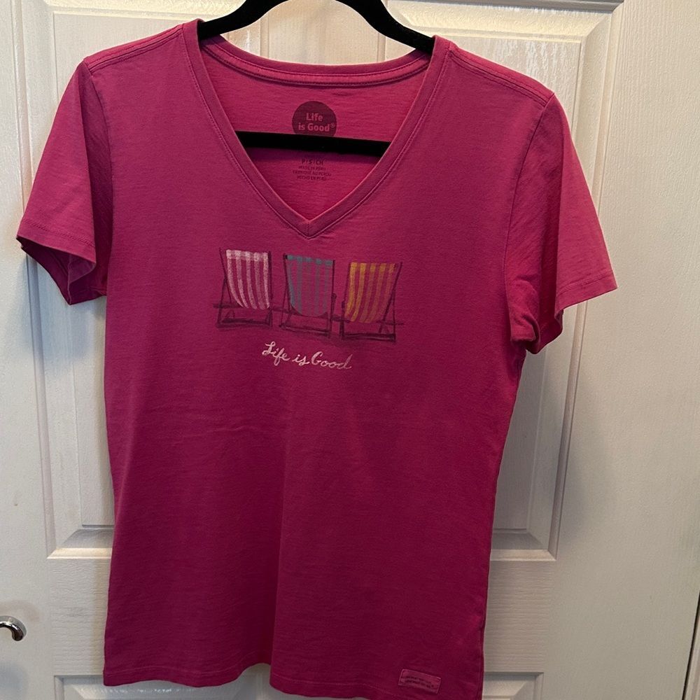 Life Is Good Women's Pink V-Neck 100% Cotton Crusher Tee Size Small